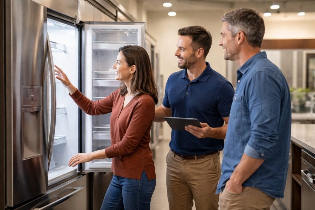 Family unpacking new refrigerator in modern kitchen while technician installs appliance and homeowner watches closely