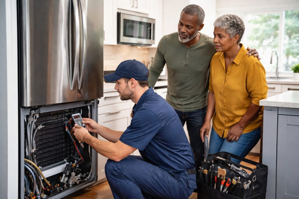 appliance technician repairing a modern kitchen oven while homeowner observes in a bright contemporary kitchen
