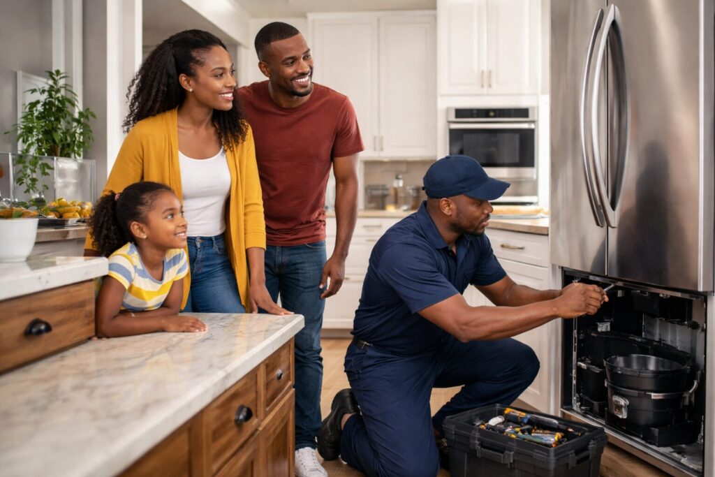 Black family examining a modern refrigerator in a bright kitchen discussing appliance warranty options together