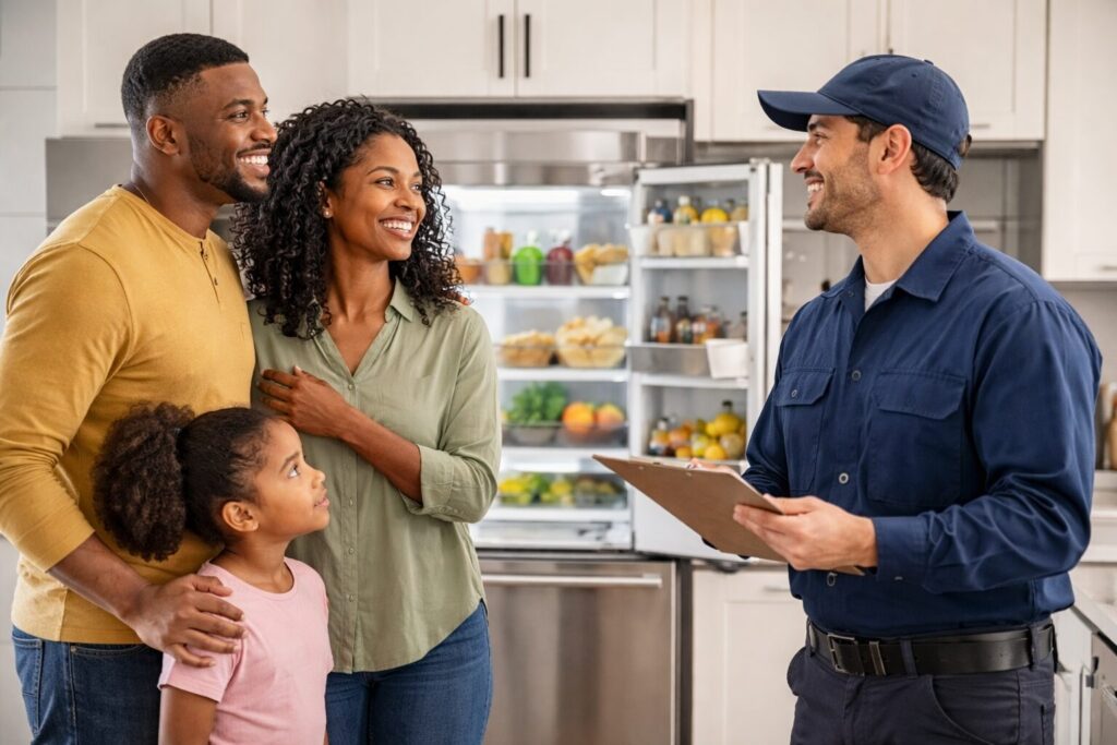 Multicultural family unpacking new refrigerator in modern kitchen with appliance technician explaining features nearby