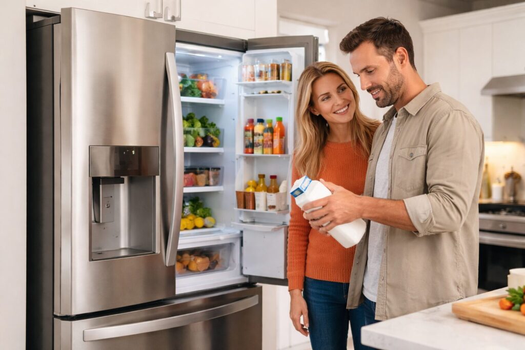 Couple examining a modern refrigerator in a bright kitchen while discussing appliance warranty options with a sales associate