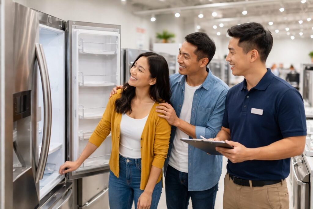 Asian couple shopping for a refrigerator in a bright modern appliance showroom with a sales associate assisting them