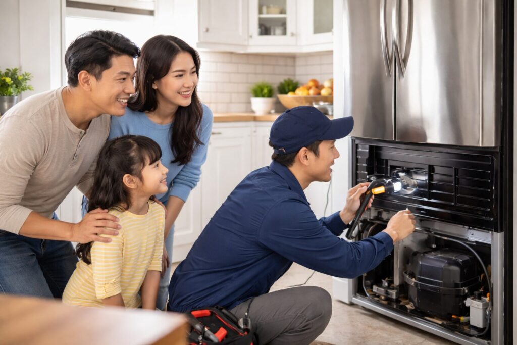 Asian family in modern kitchen examining a refrigerator while discussing appliance service and repair options together