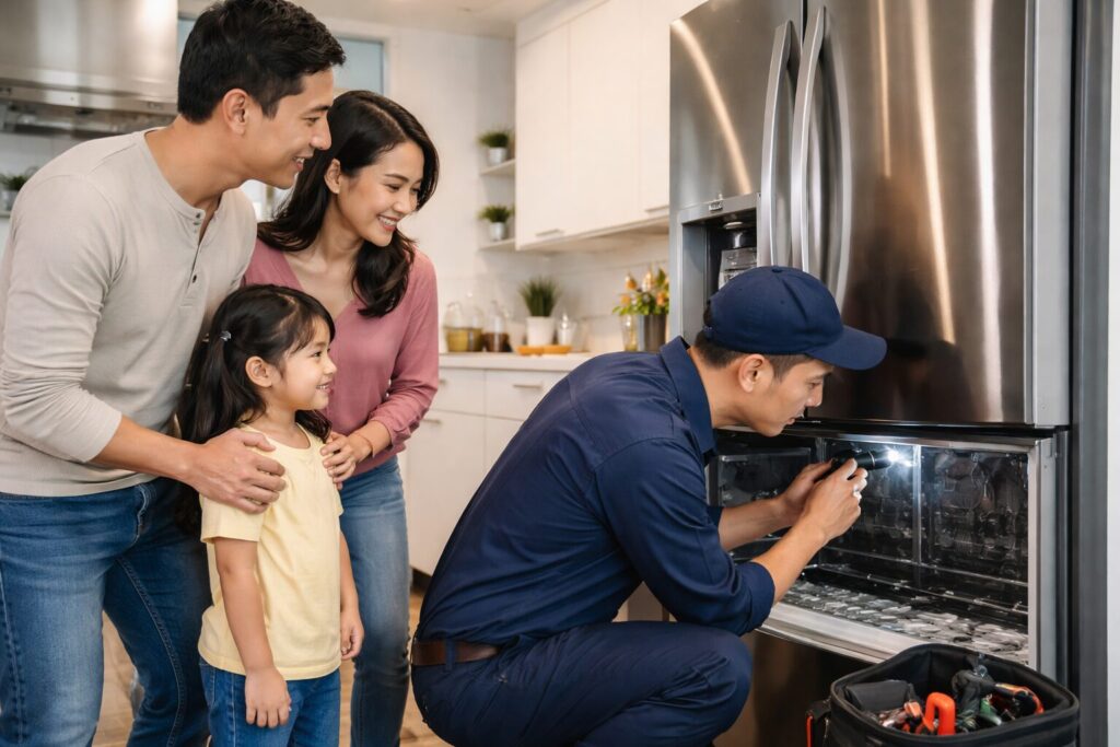 Asian family shopping for kitchen appliances in a modern showroom with a sales associate assisting them