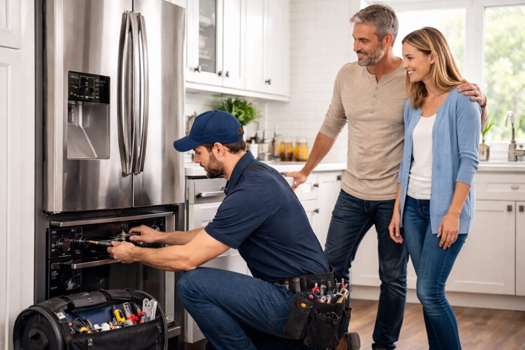 couple reviewing appliance warranty paperwork in modern kitchen with refrigerator and stove visible in background