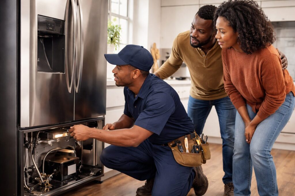 Black couple inspecting a modern refrigerator in a bright kitchen while discussing appliance repair options