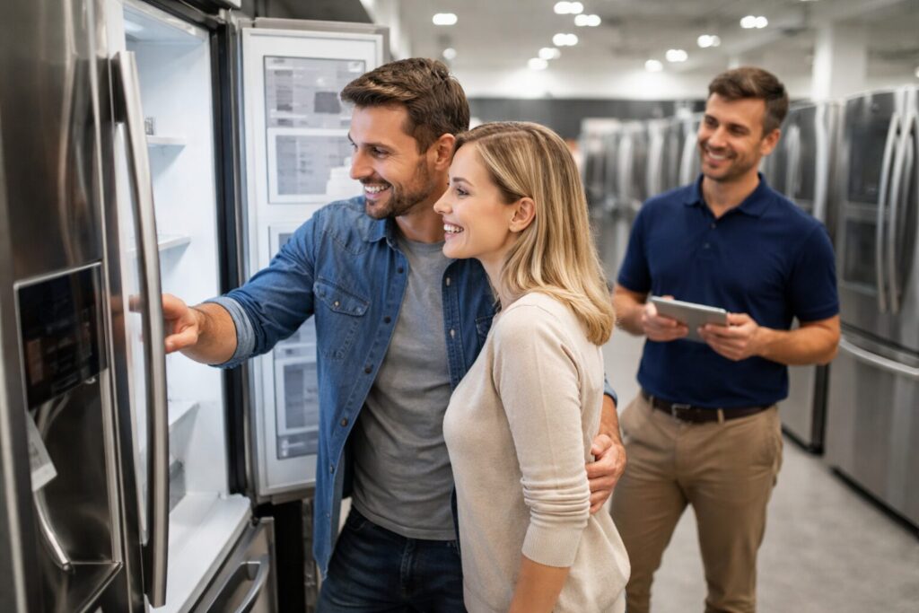 couple examining modern refrigerator and dishwasher in bright kitchen while discussing appliance replacement options