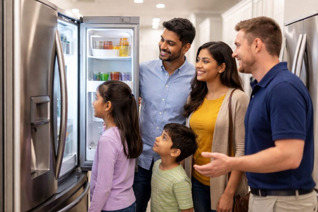 Brown family shopping for modern kitchen appliances in a bright showroom with a sales associate assisting them