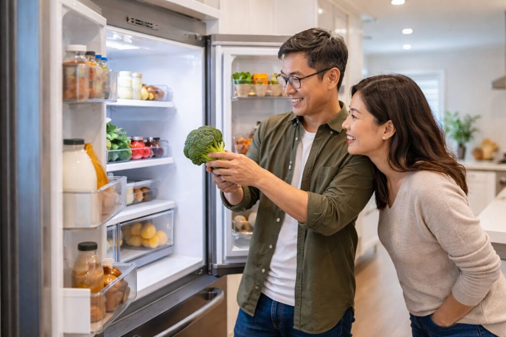 Asian family shopping for modern kitchen appliances in a bright showroom with a sales associate assisting them
