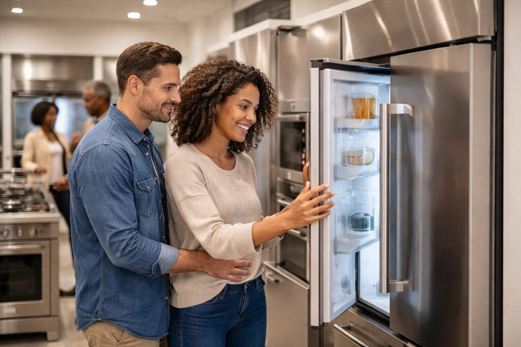 Homeowner and appliance technician discussing warranty options next to a modern refrigerator in a bright kitchen showroom