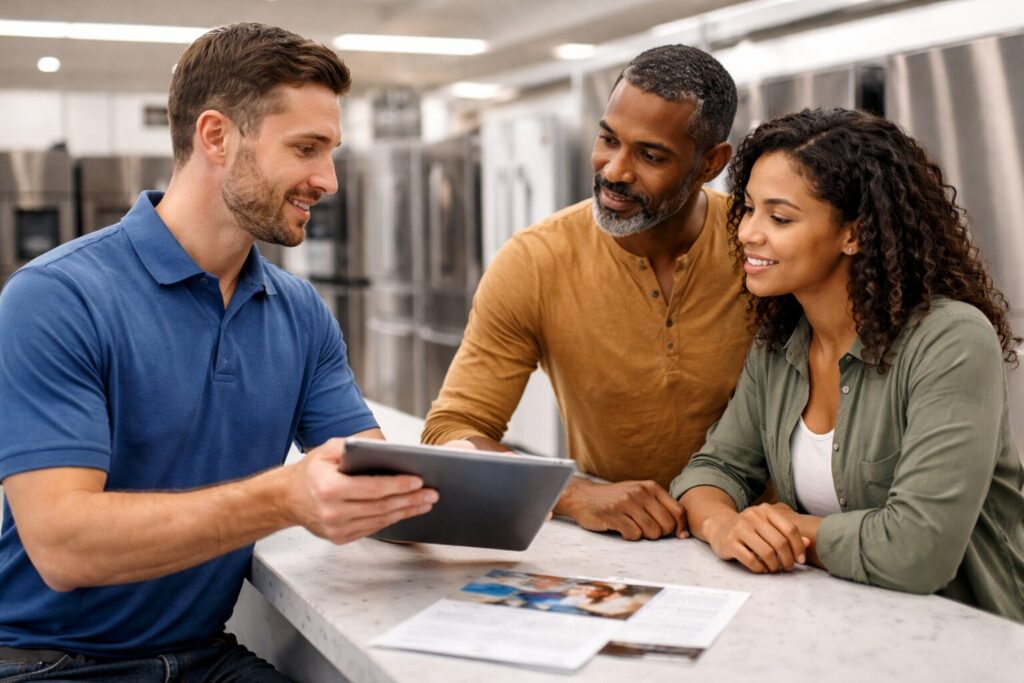 Appliance sales associate helping a middle-aged couple compare warranty options in a modern appliance showroom