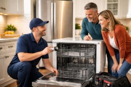 Homeowner examining warranty details on a new kitchen appliance with a sales associate in a modern showroom