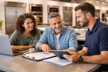 Homeowner and appliance technician discussing warranty paperwork next to a modern kitchen appliance in bright kitchen