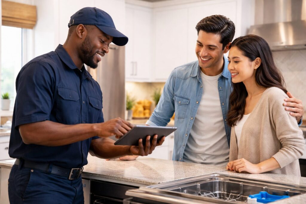 Multicultural family discussing appliance warranty with technician in modern kitchen surrounded by new appliances