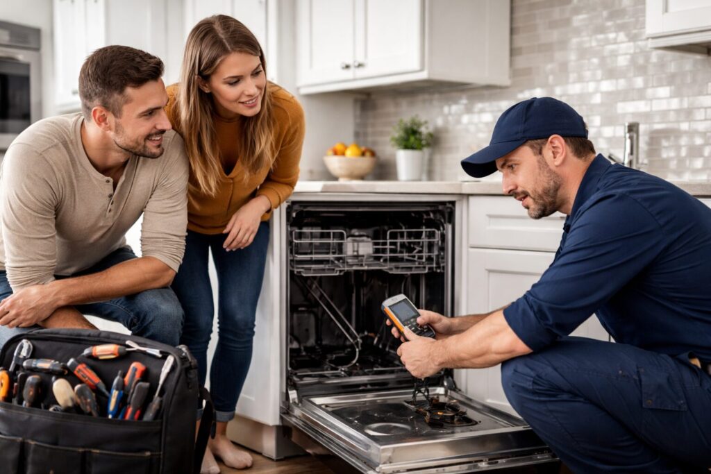 Appliance technician repairing a modern kitchen appliance while homeowner observes in a bright contemporary kitchen
