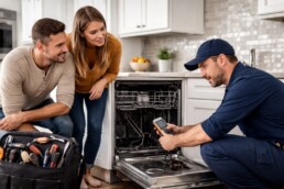 Appliance technician repairing a modern kitchen appliance while homeowner observes in a bright contemporary kitchen