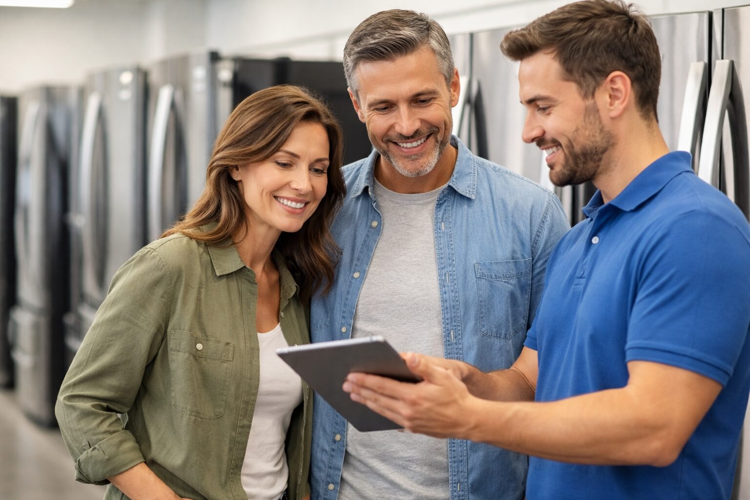 Appliance sales associate assisting a middle-aged couple reviewing warranty options in a modern appliance showroom