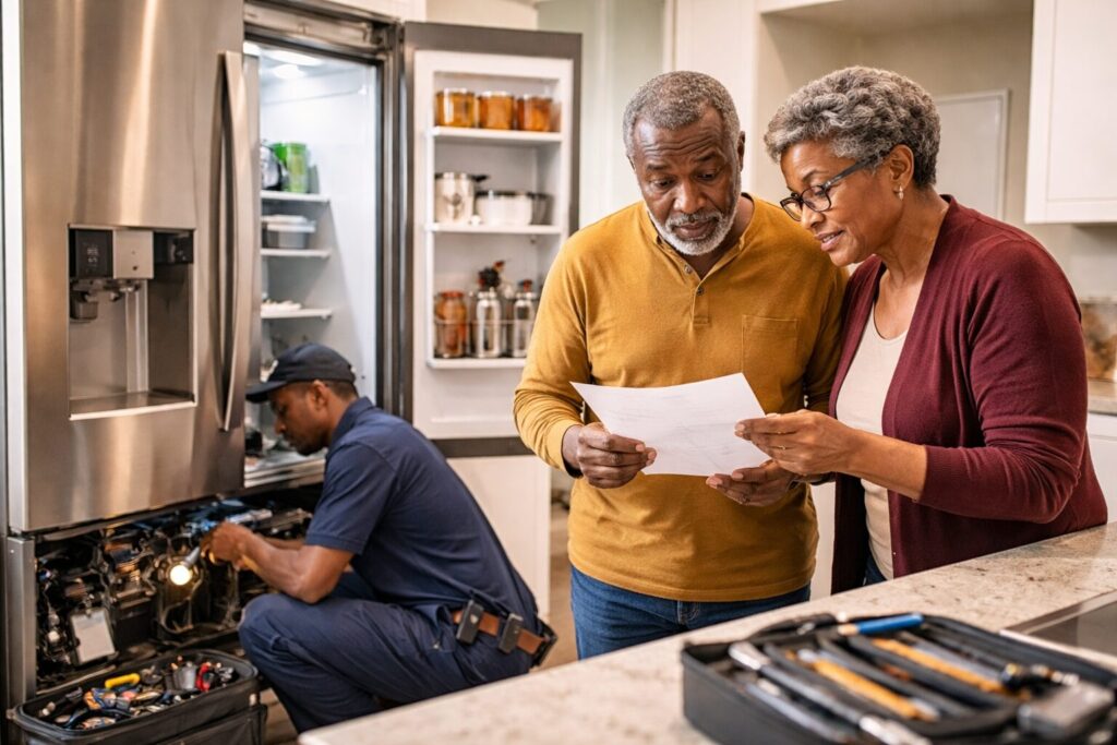 Black older couple discussing appliance repair costs while looking at a modern refrigerator in a bright kitchen