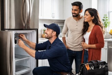 Appliance technician assisting a diverse couple with a new refrigerator in a bright modern kitchen showroom