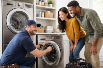 Multicultural group of customers and sales associates interacting in a modern appliance showroom with various appliances
