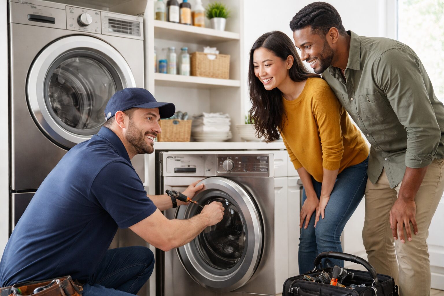 Multicultural group of customers and sales associates interacting in a modern appliance showroom with various appliances