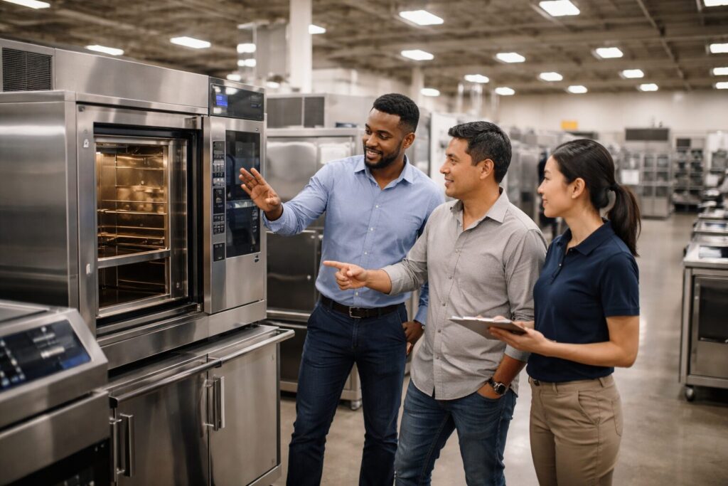 Commercial appliance dealer showroom with diverse staff assisting customers among rows of modern equipment and inventory