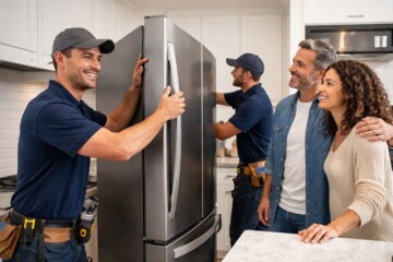 couple shopping for kitchen appliances in a bright modern showroom discussing warranty options with sales associate