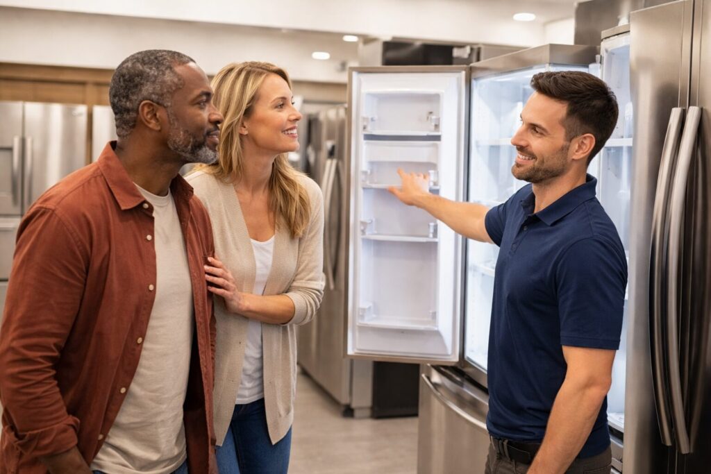 couple shopping for kitchen appliances in a bright showroom discussing warranty options with sales associate