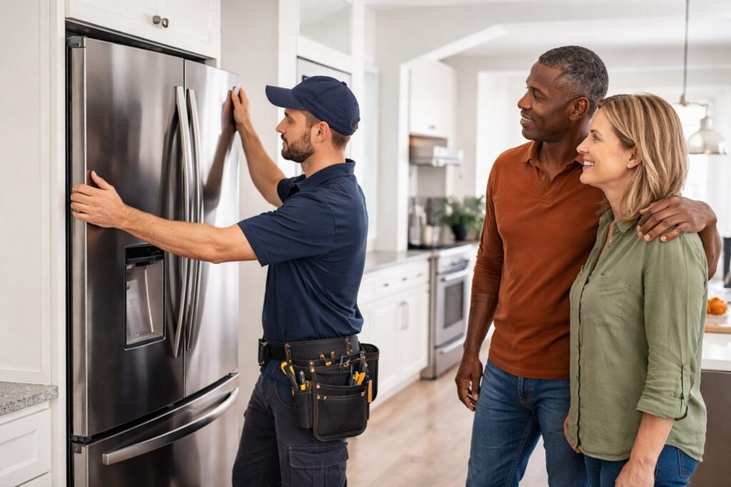 couple shopping for kitchen appliances in a bright modern showroom with a sales associate assisting them