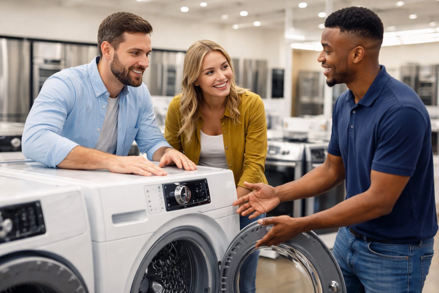 Homeowner and appliance technician discussing repair options next to a modern washing machine in a bright laundry room