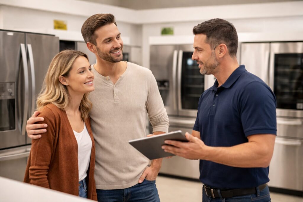 Homeowner and appliance technician discussing repair options next to a modern kitchen appliance in a bright home setting