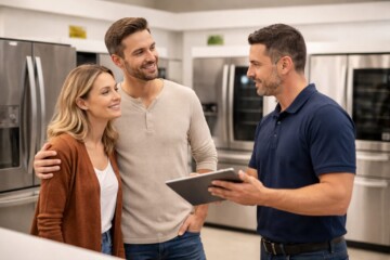Homeowner and appliance technician discussing repair options next to a modern kitchen appliance in a bright home setting