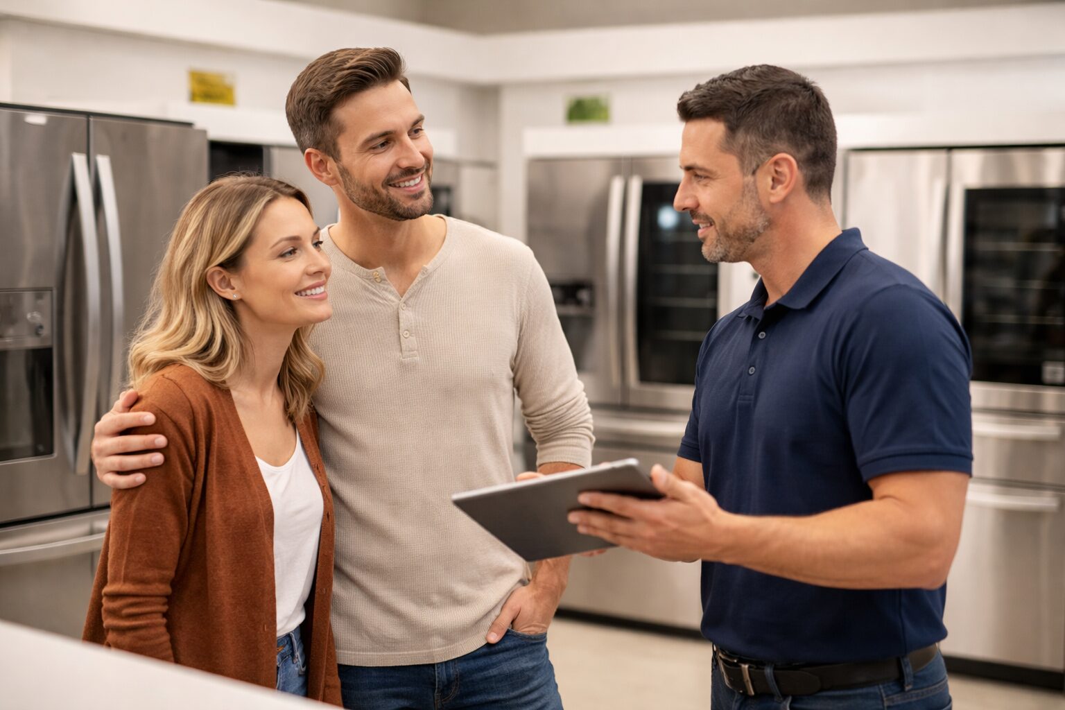 Homeowner and appliance technician discussing repair options next to a modern kitchen appliance in a bright home setting