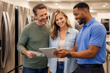 Home appliance retailer assisting a middle-aged couple with warranty options in a modern appliance showroom