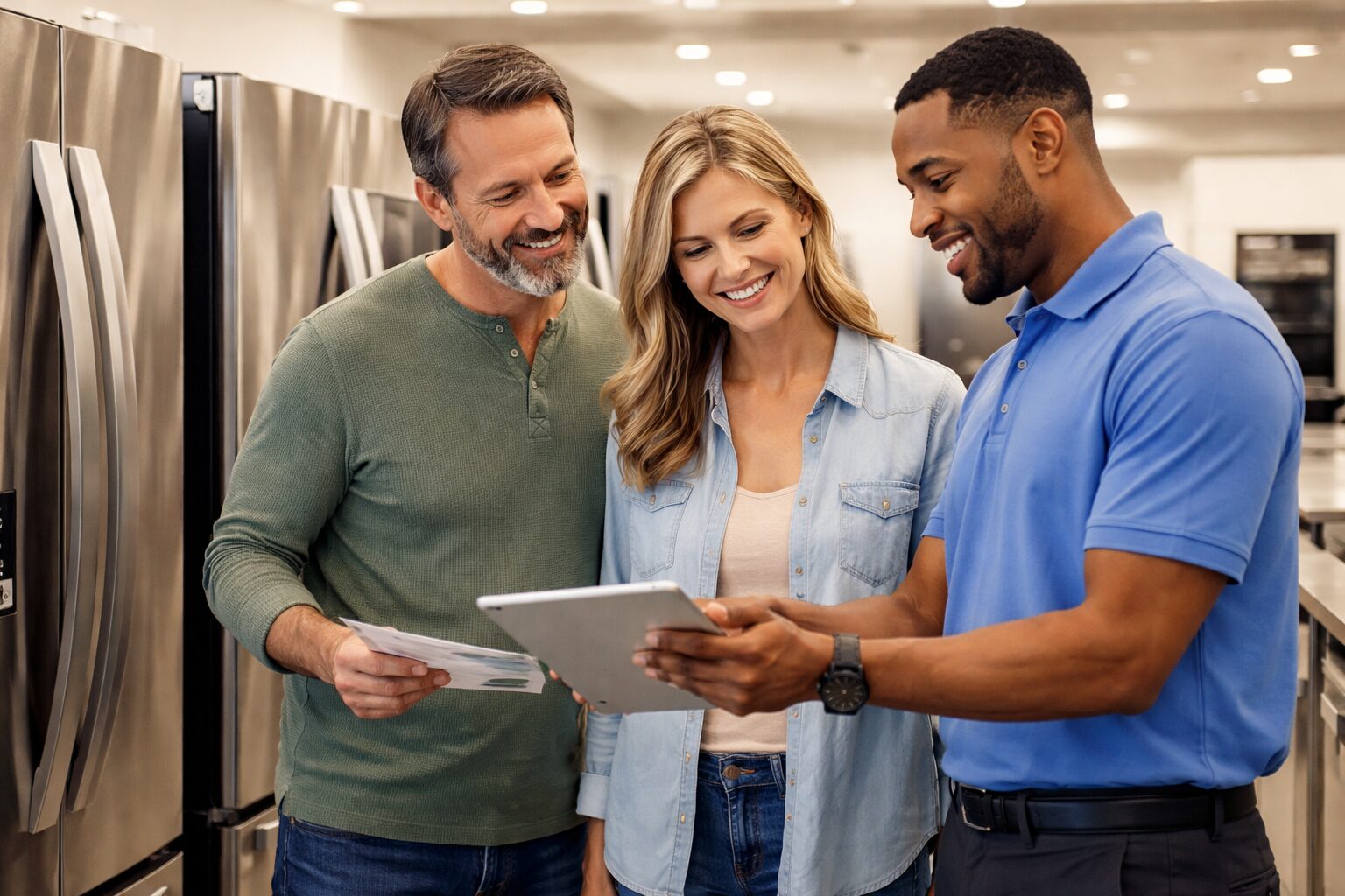 Home appliance retailer assisting a middle-aged couple with warranty options in a modern appliance showroom