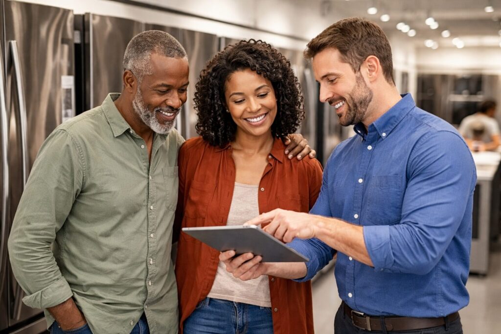 Appliance sales associate assisting a middle-aged couple in a modern showroom with a stainless steel refrigerator display