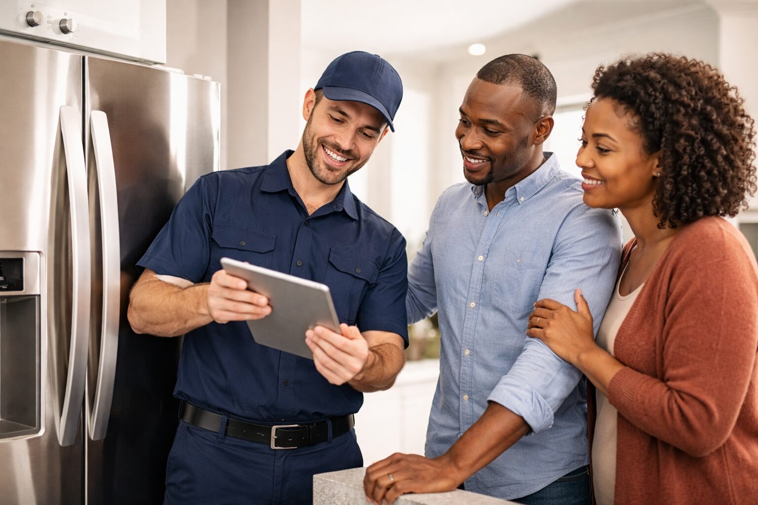 couple discussing appliance warranty options with sales associate in modern appliance showroom