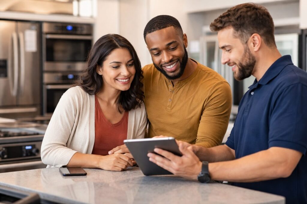 Appliance sales associate assisting a diverse couple in a modern showroom with warranty options on display