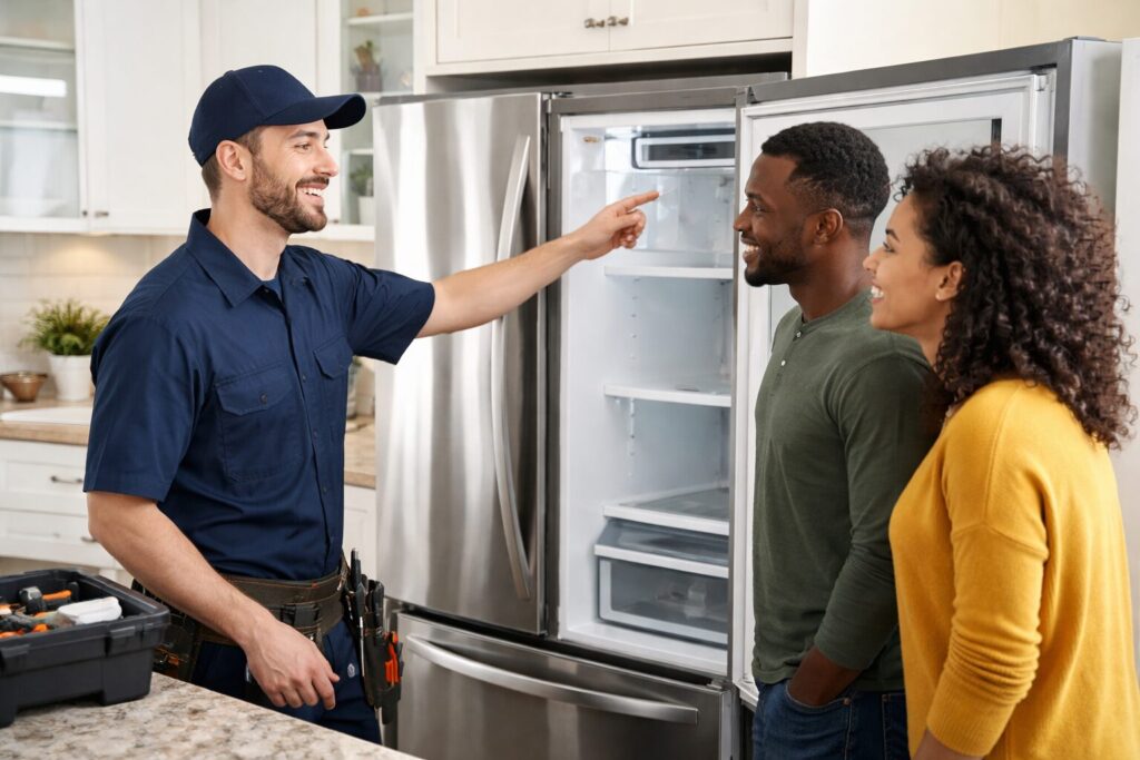 couple shopping for kitchen appliances in a bright modern showroom with a sales associate assisting them