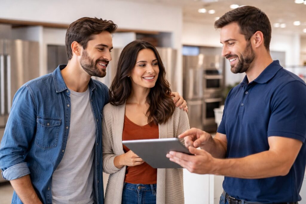 Home appliance sales associate assisting a diverse couple choosing a refrigerator in a bright modern showroom