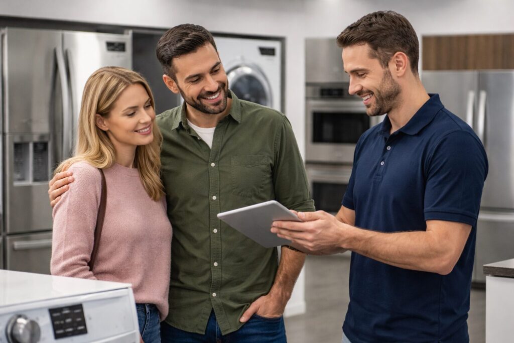 Homeowner and appliance technician discussing installation of a new washing machine in a modern laundry room