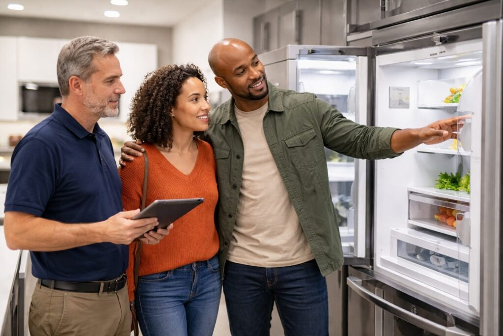 Appliance sales associate helping a middle-aged couple choose a refrigerator in a bright modern showroom