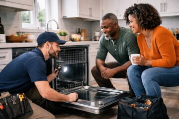 Homeowner and appliance technician discussing repair options next to a modern washing machine in a bright laundry room