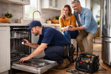 couple examining a modern refrigerator in a bright appliance showroom with a sales associate assisting them