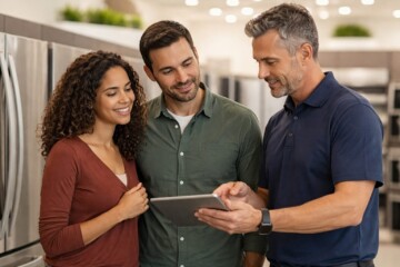 Homeowner and appliance technician discussing warranty options while inspecting a modern kitchen appliance together