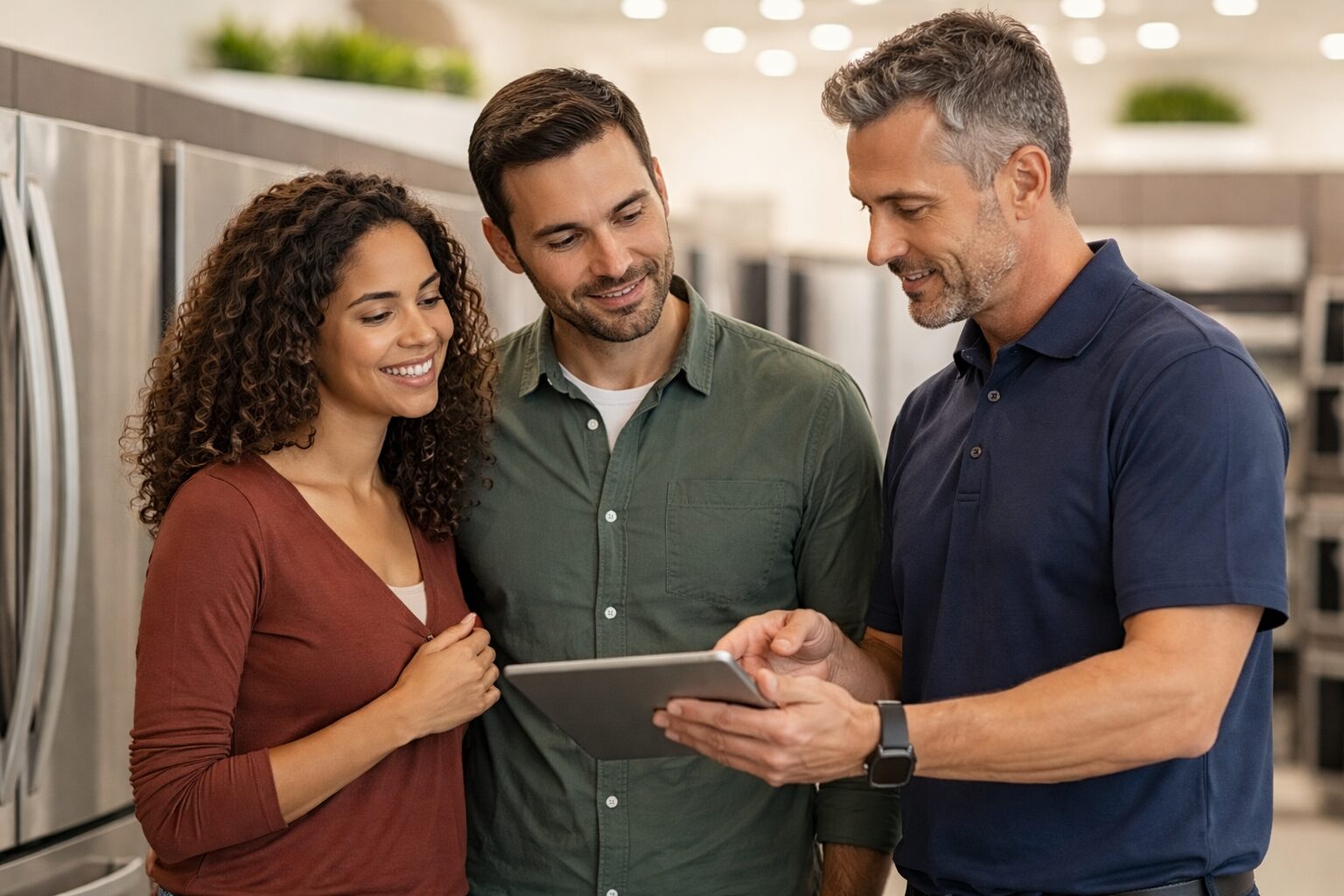 Homeowner and appliance technician discussing warranty options while inspecting a modern kitchen appliance together