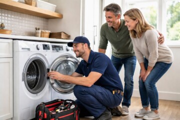 Homeowner and appliance technician discussing installation of a modern kitchen appliance in a bright contemporary kitchen