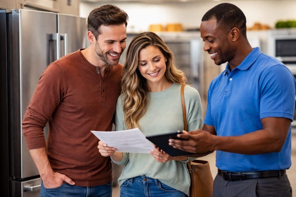 couple shopping for modern kitchen appliances in bright showroom with sales associate assisting them