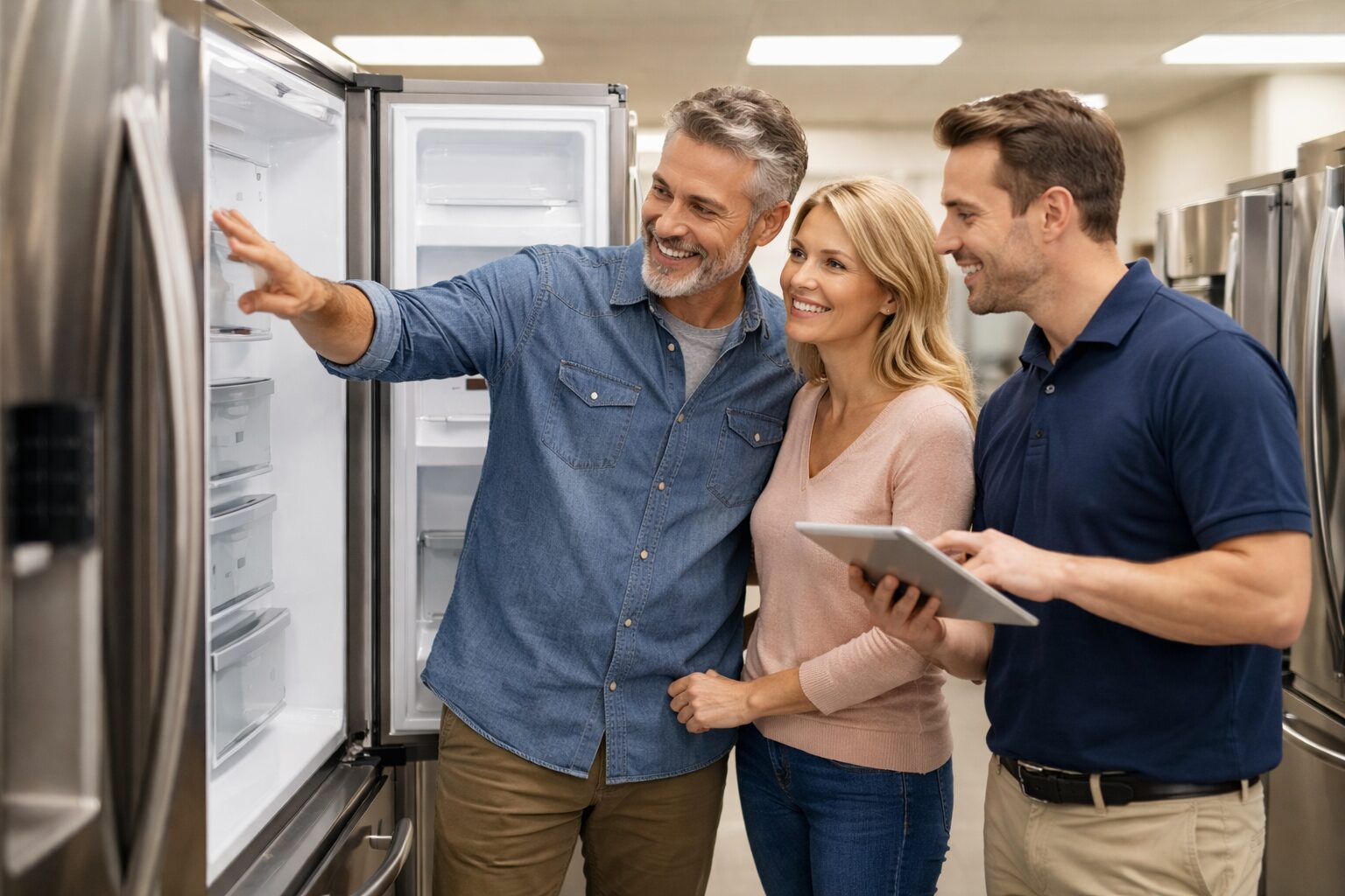 Homeowner and appliance technician discussing warranty options while inspecting a modern kitchen appliance in a bright home