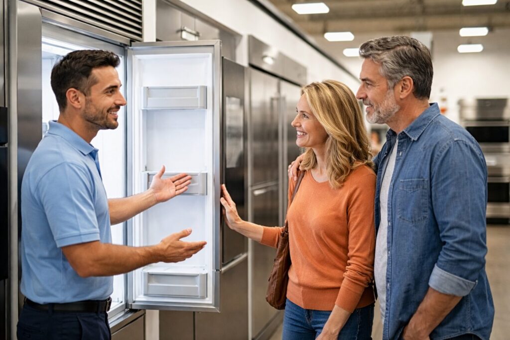 Homeowner and appliance technician discussing repair options next to a modern refrigerator in a bright kitchen